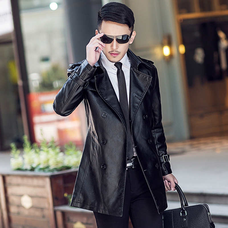皮衣男加绒皮夹克商务风衣中长款男修身帅气皮大衣外套