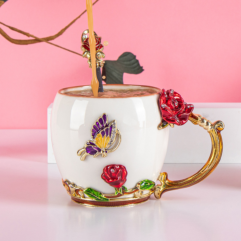 European Style Flower Zheng Yan Rose Ceramic Cup Large Capacity Enamel Handmade Water Cup Household Coffee Cup Wedding Gift