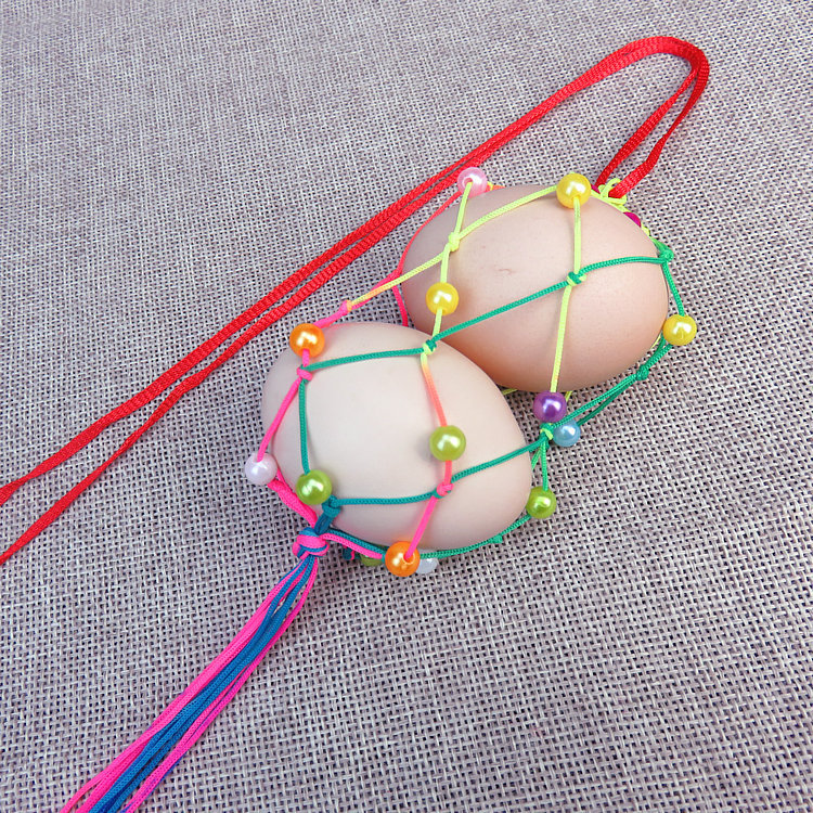 手工编织彩色仿珍珠蛋套成品小孩立夏蛋袋端午节儿童挂脖鸭蛋网兜
