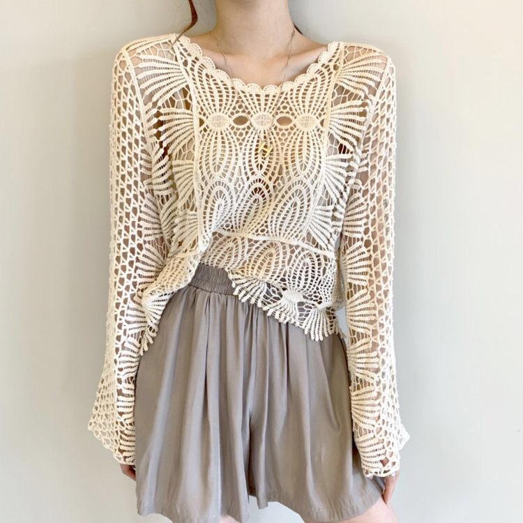 2020秋季韩版女装纯色圆领钩花镂空网格蕾丝罩衫防晒长袖蕾丝衫女