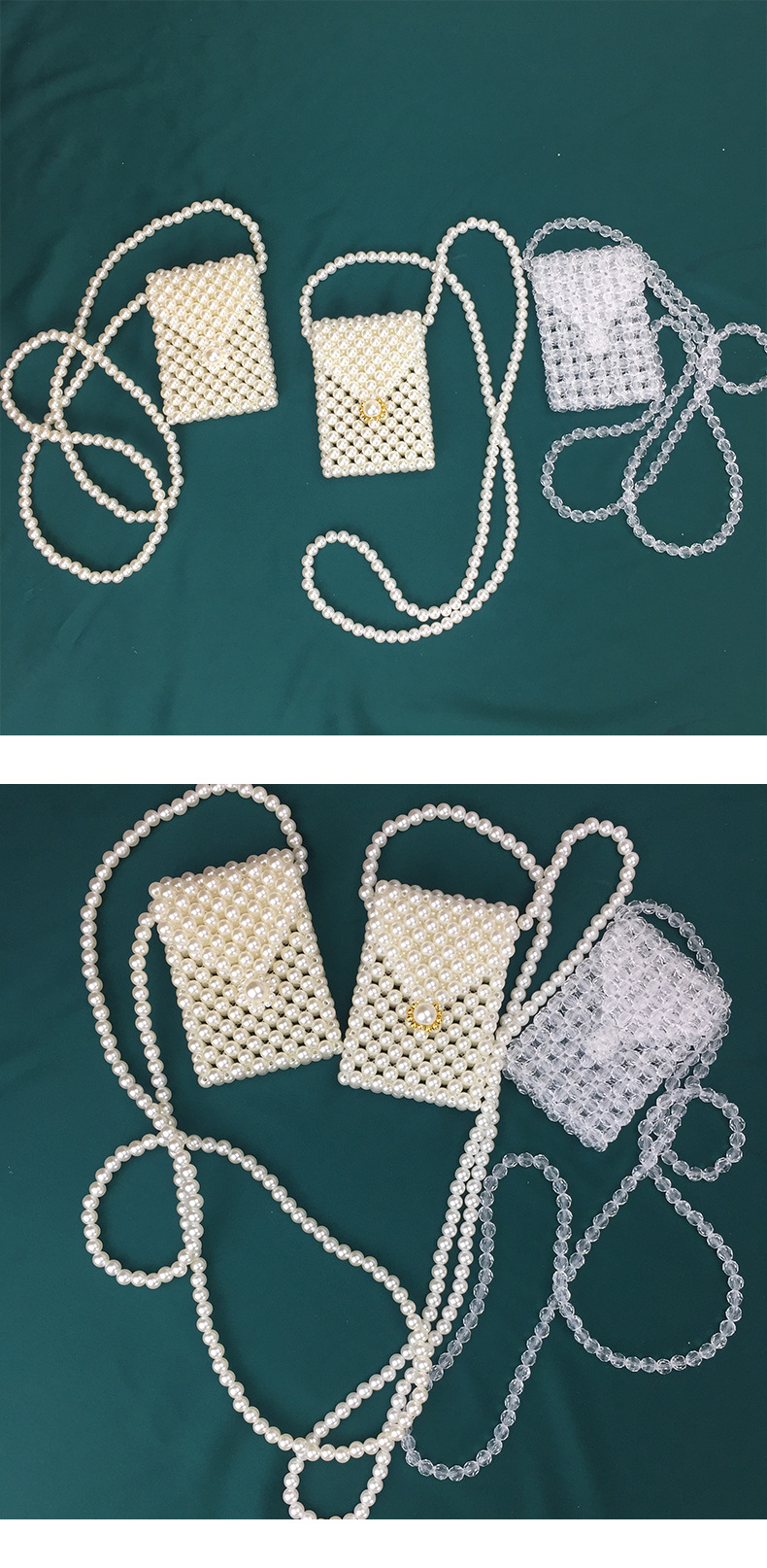 ins网红博主时尚珍珠透明水晶串珠人工编迷你卡包女式零钱斜挎包