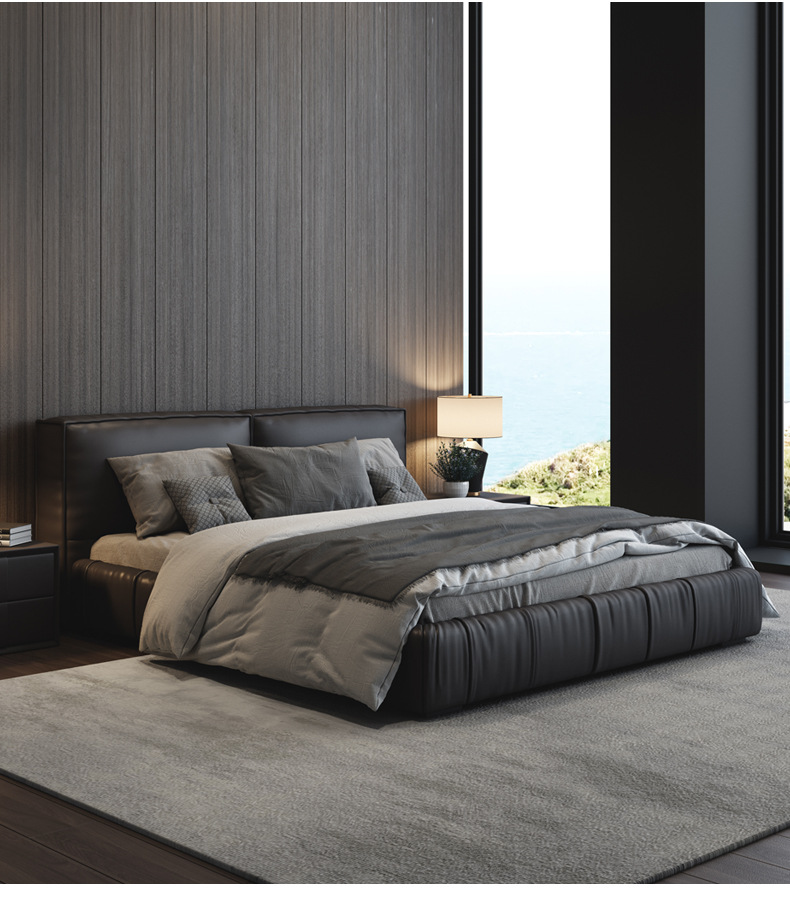 极简真皮床意式轻奢风格头层牛皮双人床北欧小户型卧室家用酒店