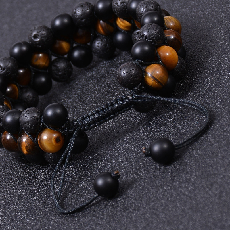 黑色磨砂石火山石手链 可调节天然虎眼石三层/三排手链厂家直销