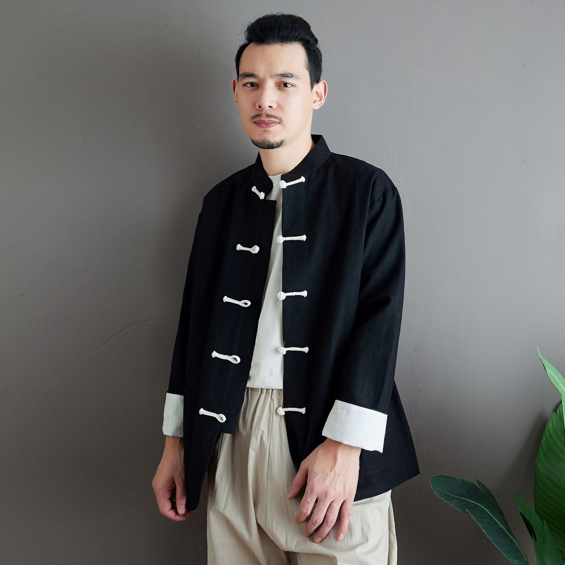 中式改良撞色宽松休闲唐装男亚麻红色上衣中山装男中国风外套男