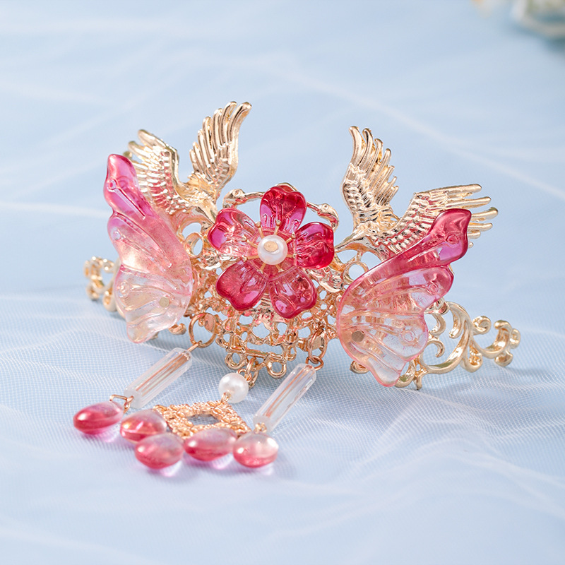 新款汉服配饰琉璃花朵飞鹤流苏发冠簪子古装少女发簪发饰地摊批发