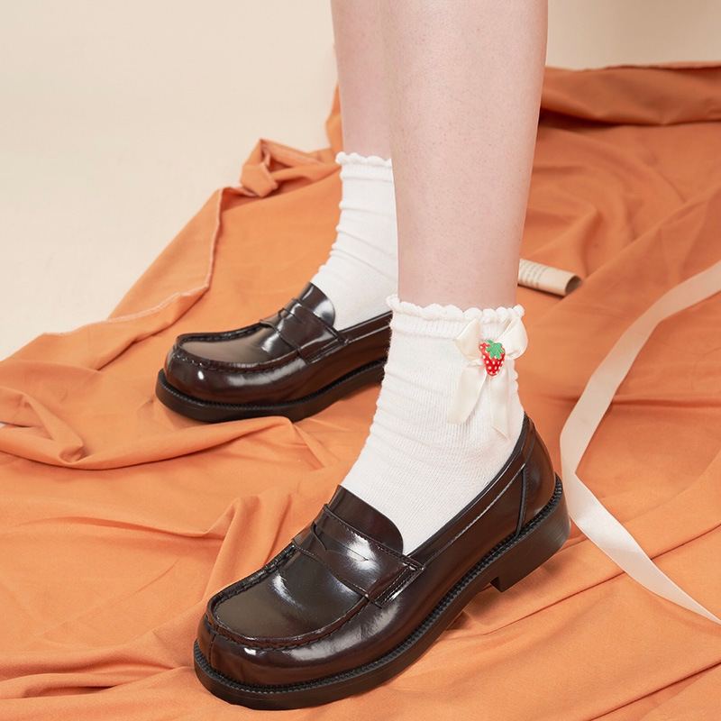 日系纯色中筒袜草莓蝴蝶结lolita短袜学生袜子jk制服袜棉袜批发