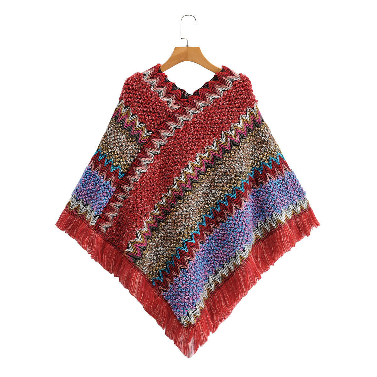 54ff-204欧美女装批发2020秋冬新款民族提花流苏针织披肩斗篷毛衣