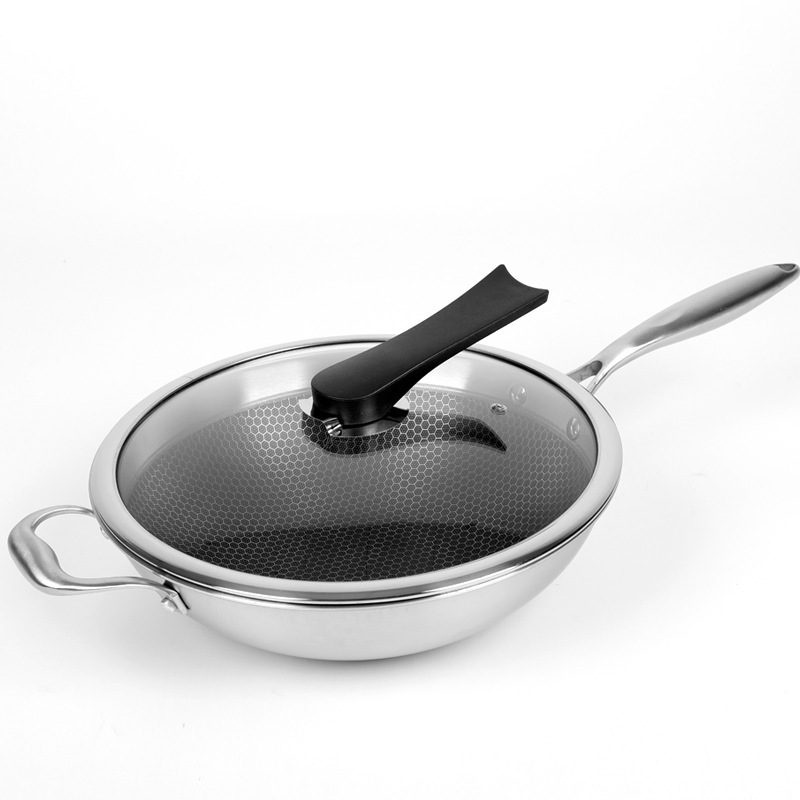 定制304不锈钢炒锅健康无涂层养生炒锅蜂巢无烟不粘锅年货礼品
