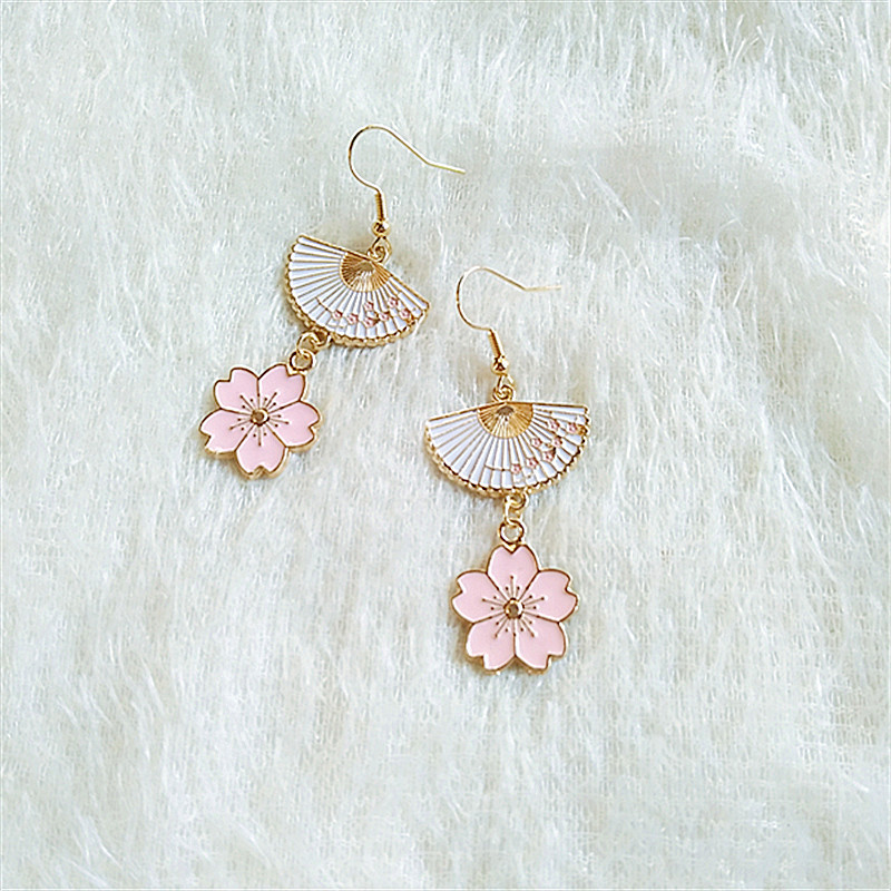 日韩复古扇子花朵和风耳环滴油合金流苏耳坠耳夹耳女网红耳钉耳饰