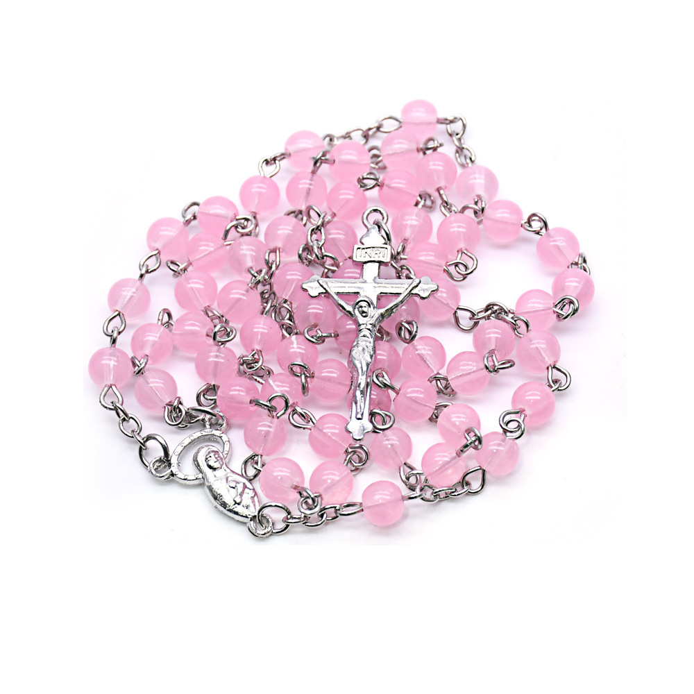 电商货源粉色玻璃珠十字架念珠项链专业生产商