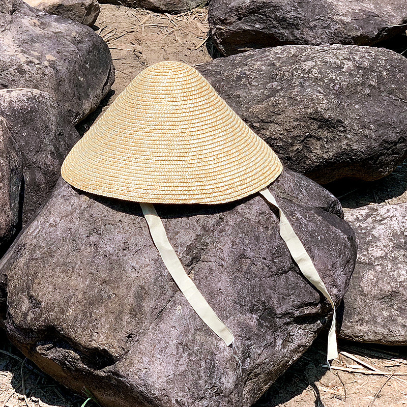 欧美春夏新款带绑带麦秆草斗笠帽户外遮阳防晒走秀凹造型斗笠草帽