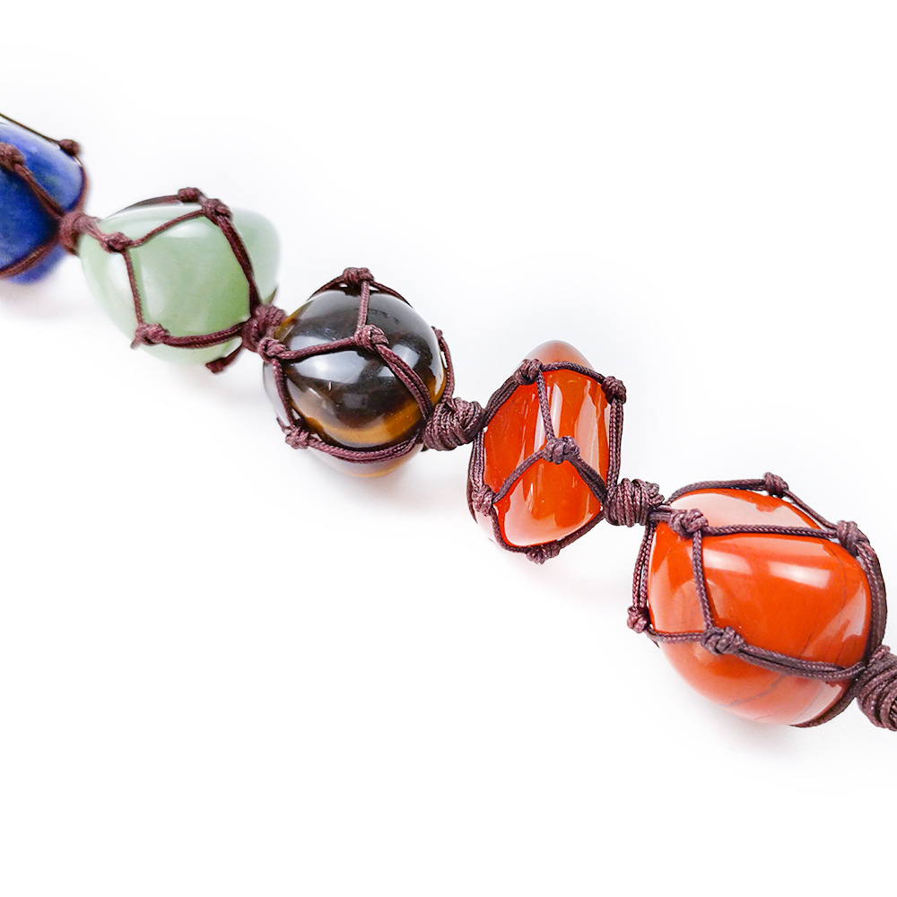 天然石七彩七脉轮不规则挂件能量石七脉轮彩色汽车挂饰手工编织