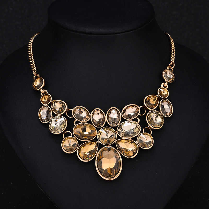 欧美大牌奢华金属夸张大颗水晶宝石吊坠项链短款锁骨链毛衣链饰品