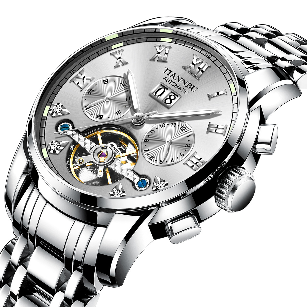 天博正品全自动机械表男士日历星期月份多功能钢蝴蝶扣陀飞轮手表