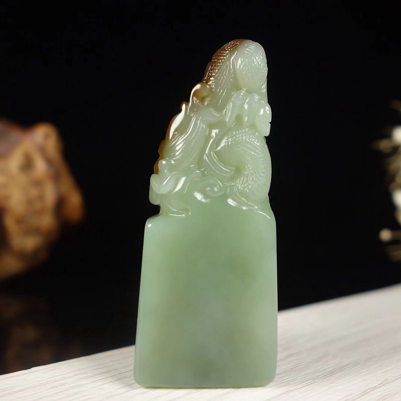 天然新疆和田玉且末料俏糖色龙行天下玉石印章 俏色巧雕 温润斋