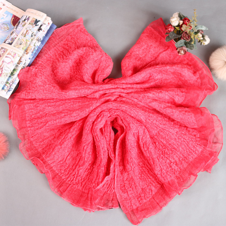 2020年春秋新款花边邹巾纯色荷叶边丝巾长款围巾空调披肩厂家直销