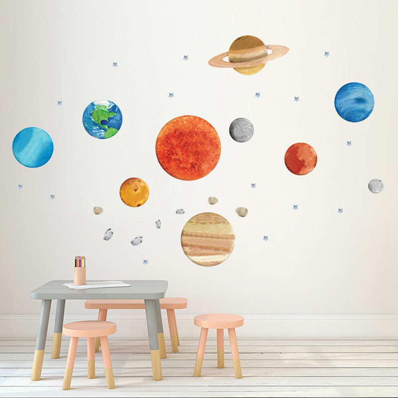 跨境热卖九大行星墙贴 自粘星球贴纸儿童房装饰创意墙贴画可移除