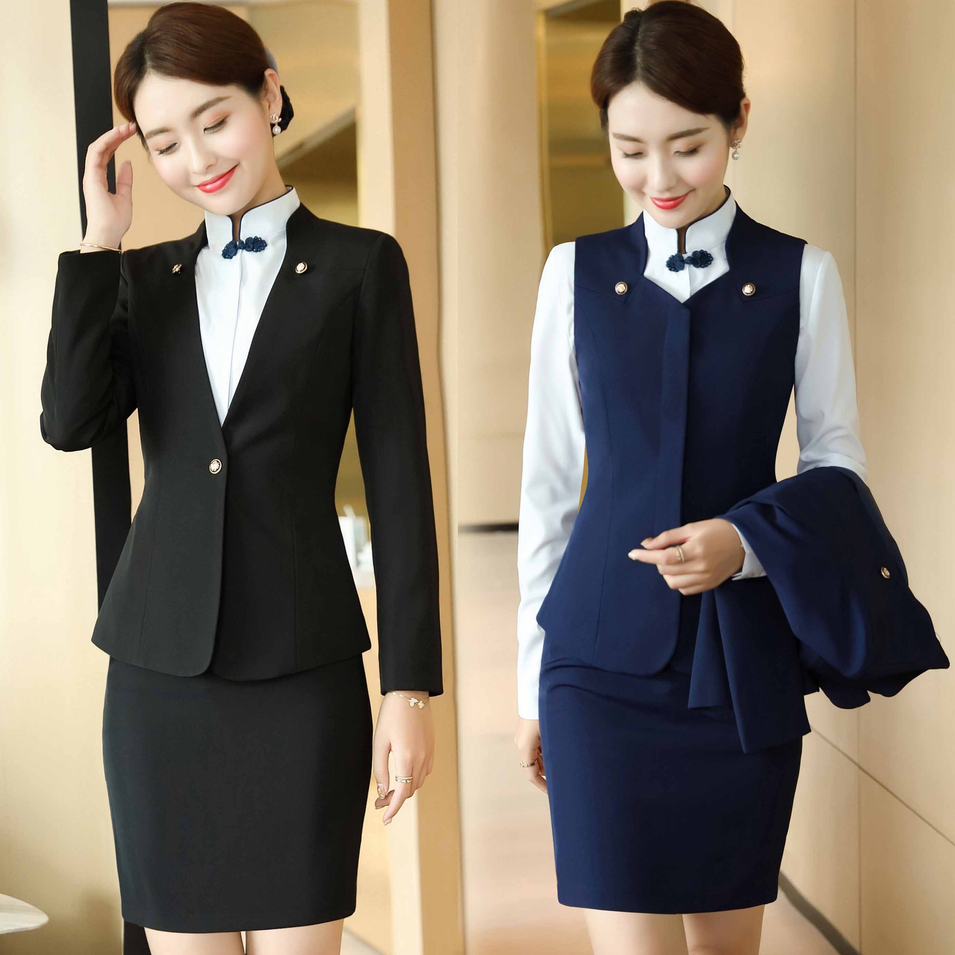 立领衬衫工装星级酒店前台服务员工作服春秋装职业女装白衬衣套装