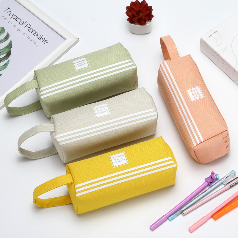 Pen Pencil Case Simple Solid Color Striped Double Layer Stationery Pencil Case Student Creativity Large Capacity Portable Pencil Case Printed Logo