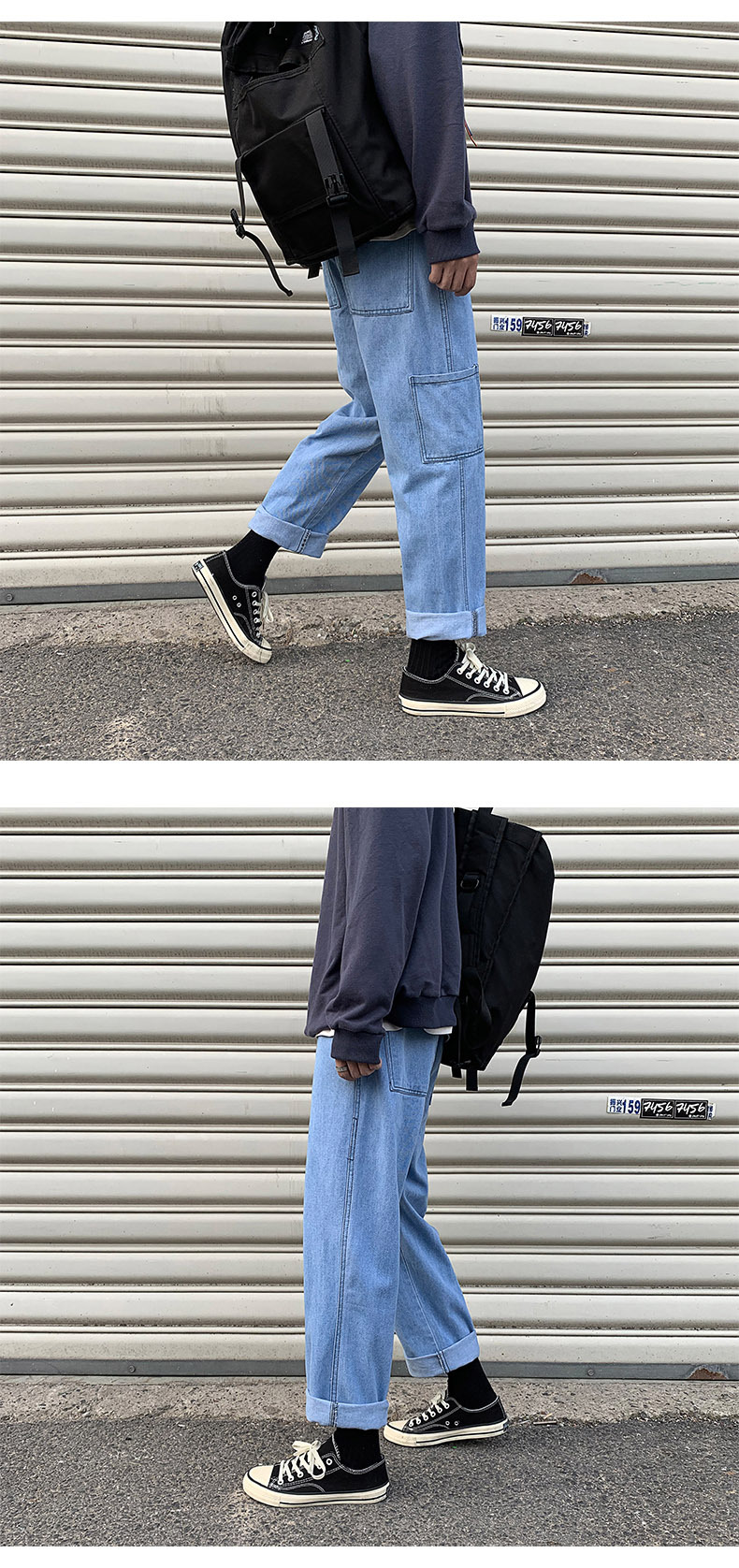 超火cec裤子男宽松ins直筒潮牌潮流港风坠感阔腿春秋款工装牛仔裤