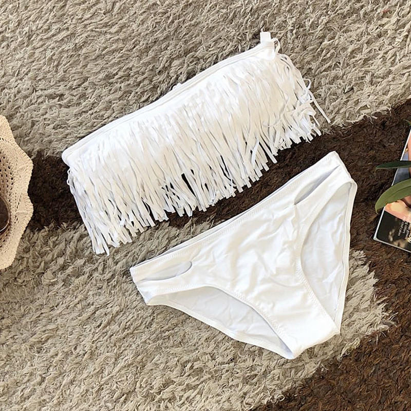 清仓特价泳衣女分体白色比基尼流苏多色性感低腰抹胸游泳衣