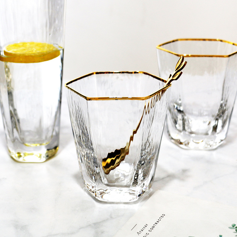 金边六棱杯透明玻璃锤纹杯家用果汁杯早餐牛奶杯水杯杯子批发