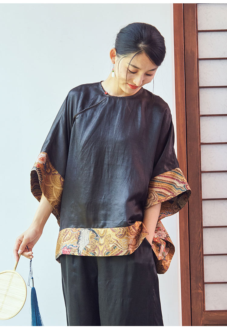 2020早秋新款中式新款宽松大码香云纱拼接花色上衣u20402捌