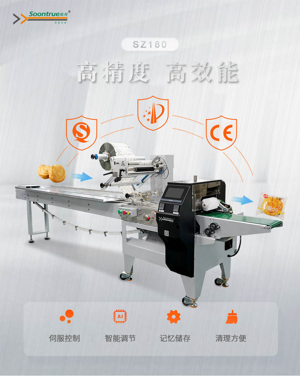 松川珠冠枕式包装机械厂家智能全自动化封切封口给袋包装机 sz180