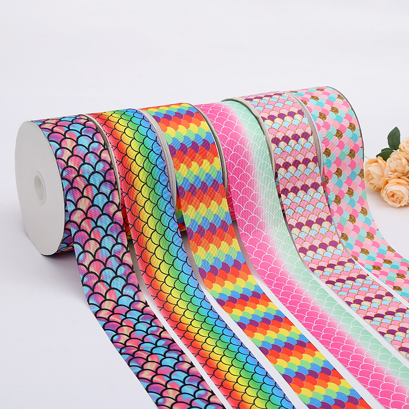 Cross-Border 7.5cm Koi Scale Pattern Printed Ribbon Thickened Polyster Ribbon Ribbon Gradient Mixed Color Thread Belt