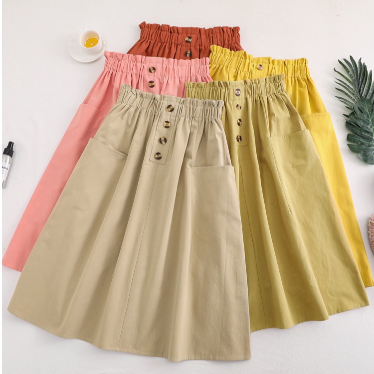 Spot Goods 2023 Summer High Waist Slimming Solid Color Pocket Skirt All-Matching Elastic Waistband Casual Mid-Length Skirt for Women