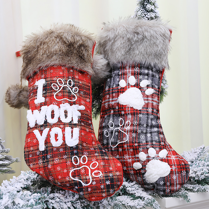 Mingguan New Christmas Decorations Christmas Dog's Paw Socks Pet Socks Fur Collar Plaid English Socks Christmas Tree Pendant