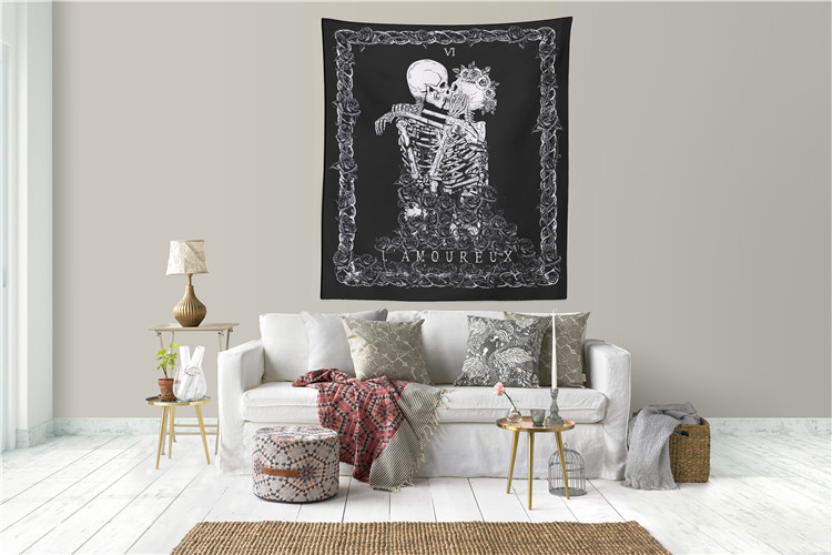 跨境热销 欧美朋克风打坐国王骷髅山水画印花挂毯 家居装饰挂画