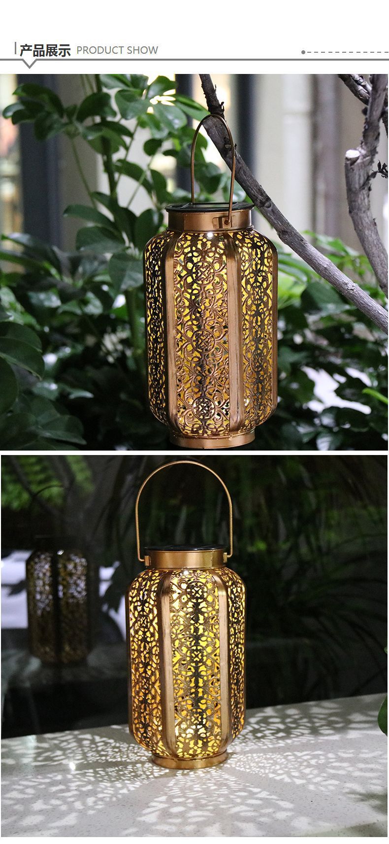 跨境户外太阳能灯笼 铁艺镂空灯笼led花园灯庭院悬挂灯笼厂家直销