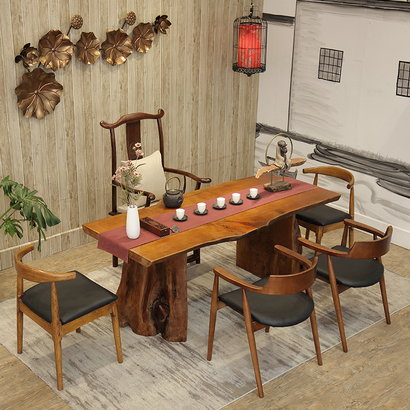 简居老榆木实木茶桌 客厅功夫茶桌 中式松木茶桌原木大板桌椅组合