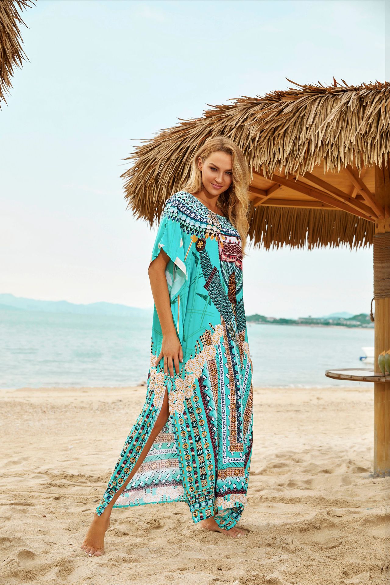 239人棉定位印花比基尼沙滩罩衫,沙滩裙,度假长袍