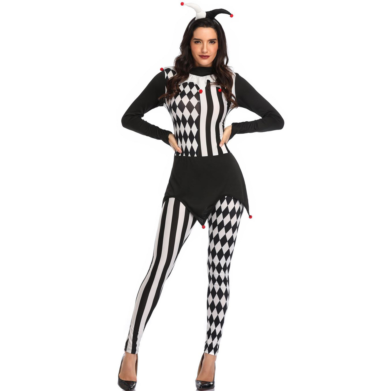 m-xl 万圣节舞台装马戏团女小丑角色扮演 装扮黑白小丑回魂演出服