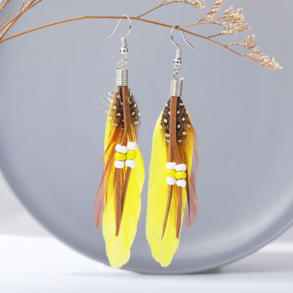 AliExpress Foreign Trade Ornament Wholesale Long Bohemian Earrings Tassel Bead Feather Earrings in Stock