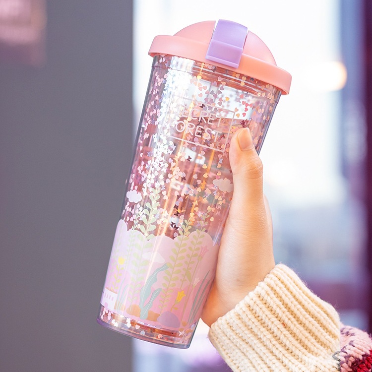 带吸管水杯子网红双层少女心学生流沙杯可爱大人儿童创意个性潮流