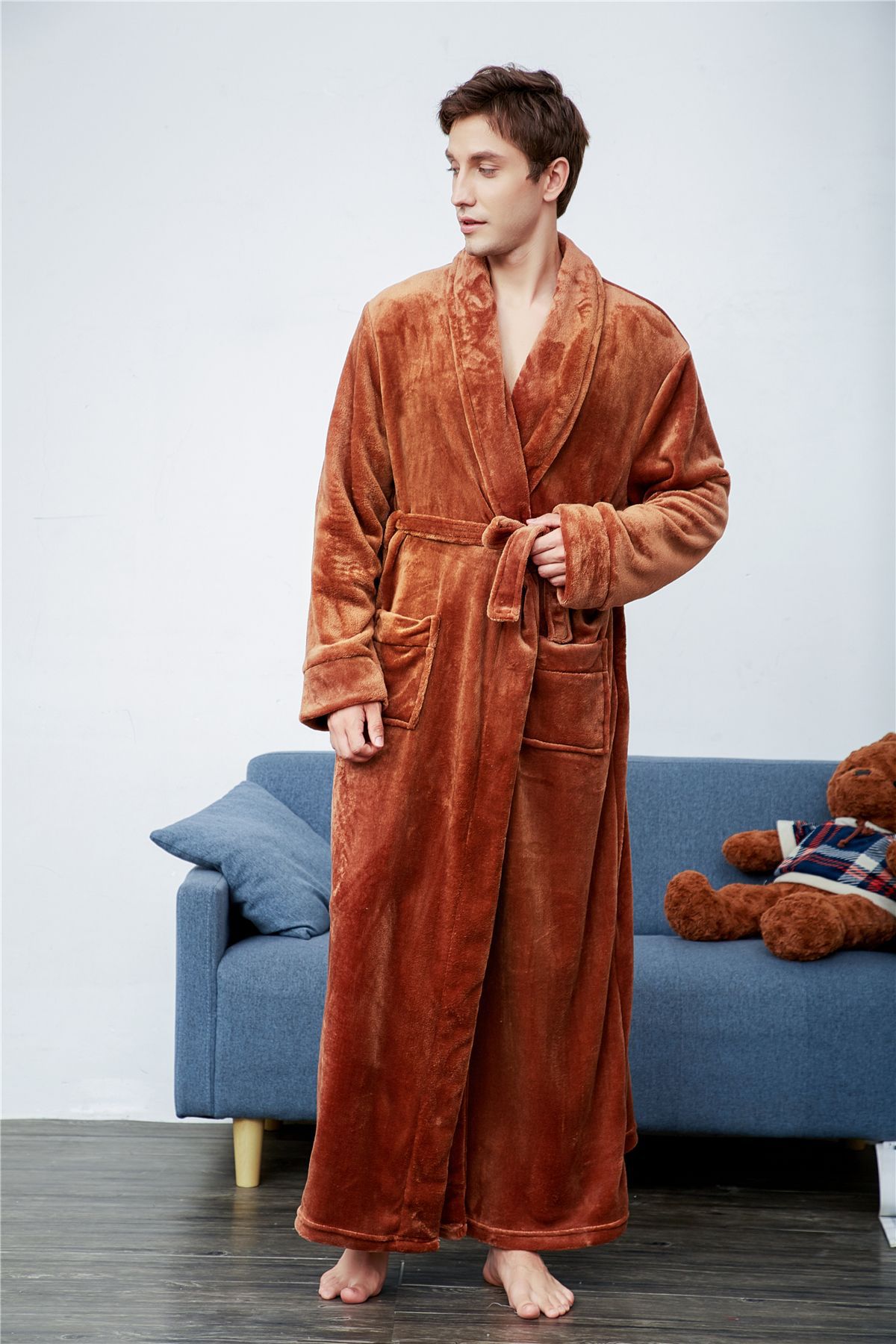 跨境秋冬加厚加长法兰绒纯色青果领翻领家居服珊瑚绒睡袍一件代发