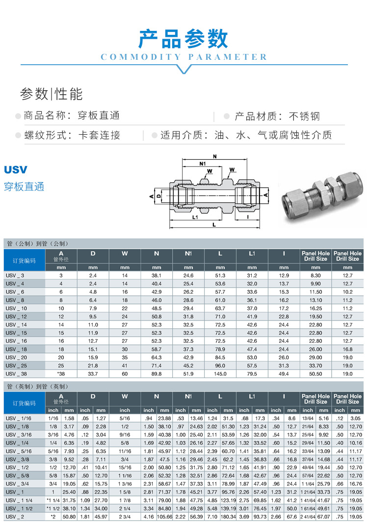 316l304l卡套直通穿板接头368mm过板隔板隔壁卡套接头