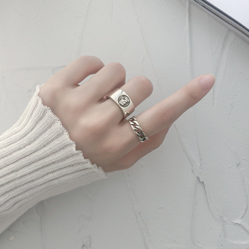 日韩潮流组合叠戴戒指女925银ins个性百搭嘻哈风学生开口食指环