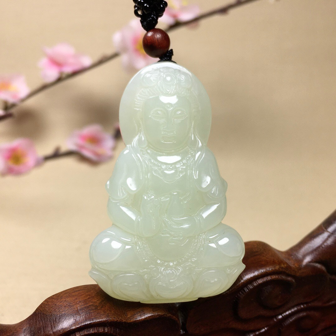 新疆和田玉观音吊坠双面精雕菩萨玉佩青海料青色宝瓶观音玉坠