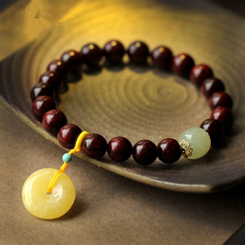 亿佳水晶天然老料小叶紫檀手串搭配蜜蜡平安扣手链男女款