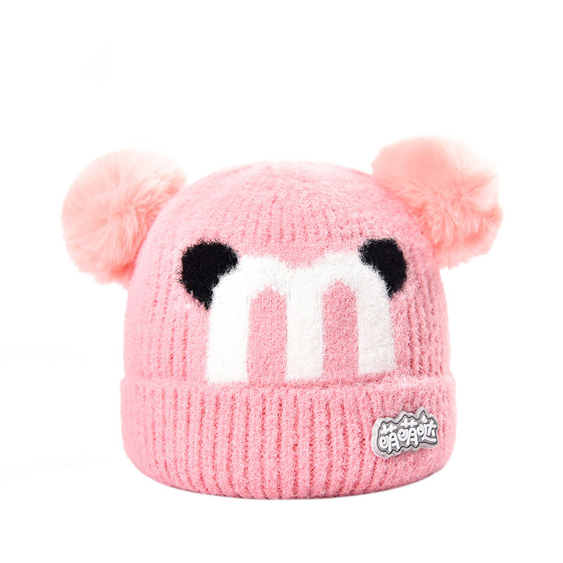 Fur Ball Knitted Earflaps Cap Thickened Warm Hat Cartoon Hat Autumn and Winter New Woolen Cap Male and Female Baby Children Hat