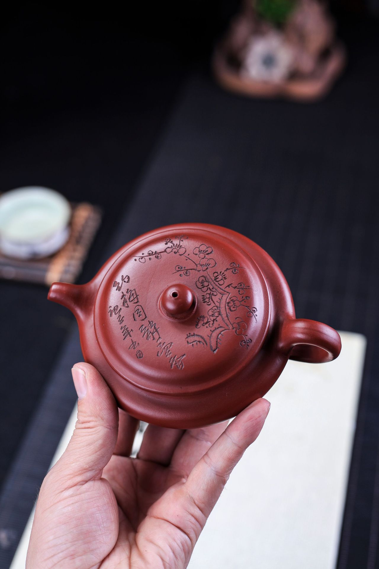 宜兴紫砂扁梅香仿古紫砂壶原矿大红袍大口扁壶王国望茶壶功夫茶具