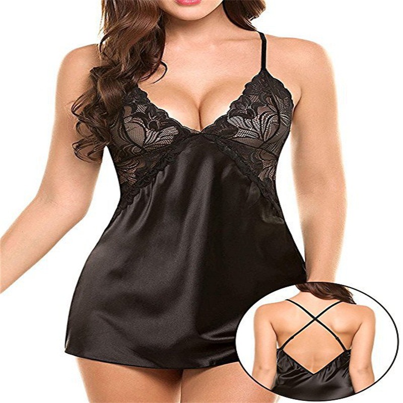 Cross-Border Supply European and American Foreign Trade Sexy Lingerie Sexy Imitation Ice Silk Back Cross Slip Nightdress Sexy Suit