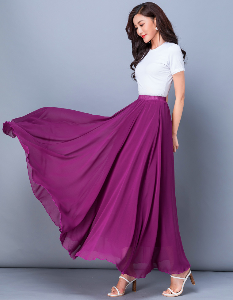 720度双层雪纺超大摆半身裙度假沙滩裙高腰舞蹈裙 跳舞演裙