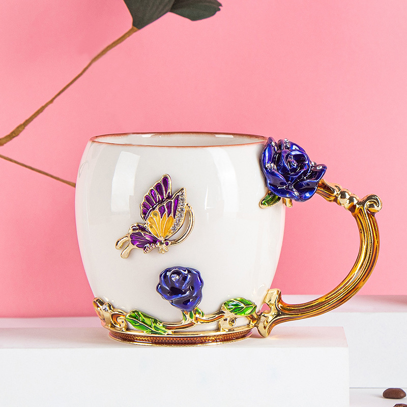 European Style Flower Zheng Yan Rose Ceramic Cup Large Capacity Enamel Handmade Water Cup Household Coffee Cup Wedding Gift