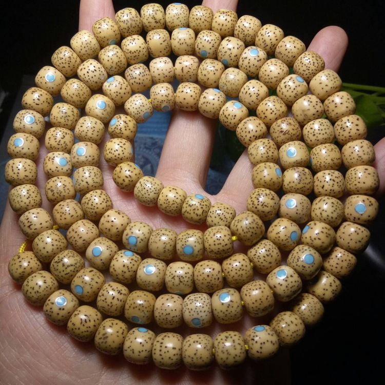 海南厂家批发星月菩提108颗精工镶嵌多宝绿松石黄金籽桶形星月