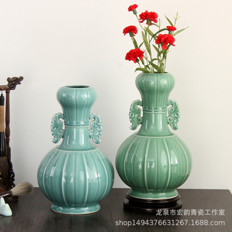 中式复古陶瓷花瓶摆件大号龙泉青瓷双耳瓶蒜头瓶插花瓶乔迁礼品